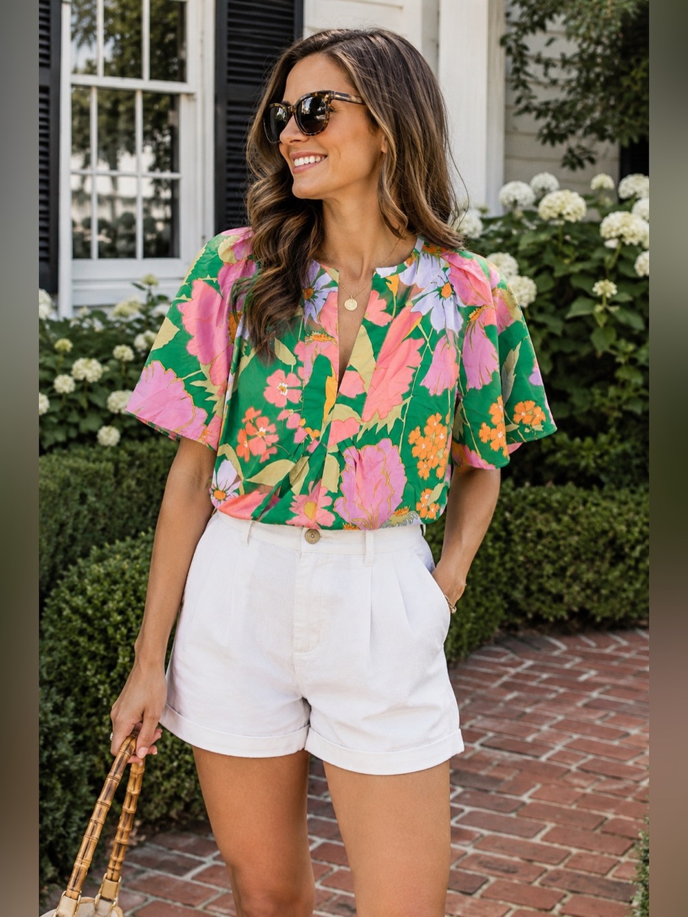 Flora Bea 100% Cotton Green Pink Floral Puff Sleeve Top Size Small